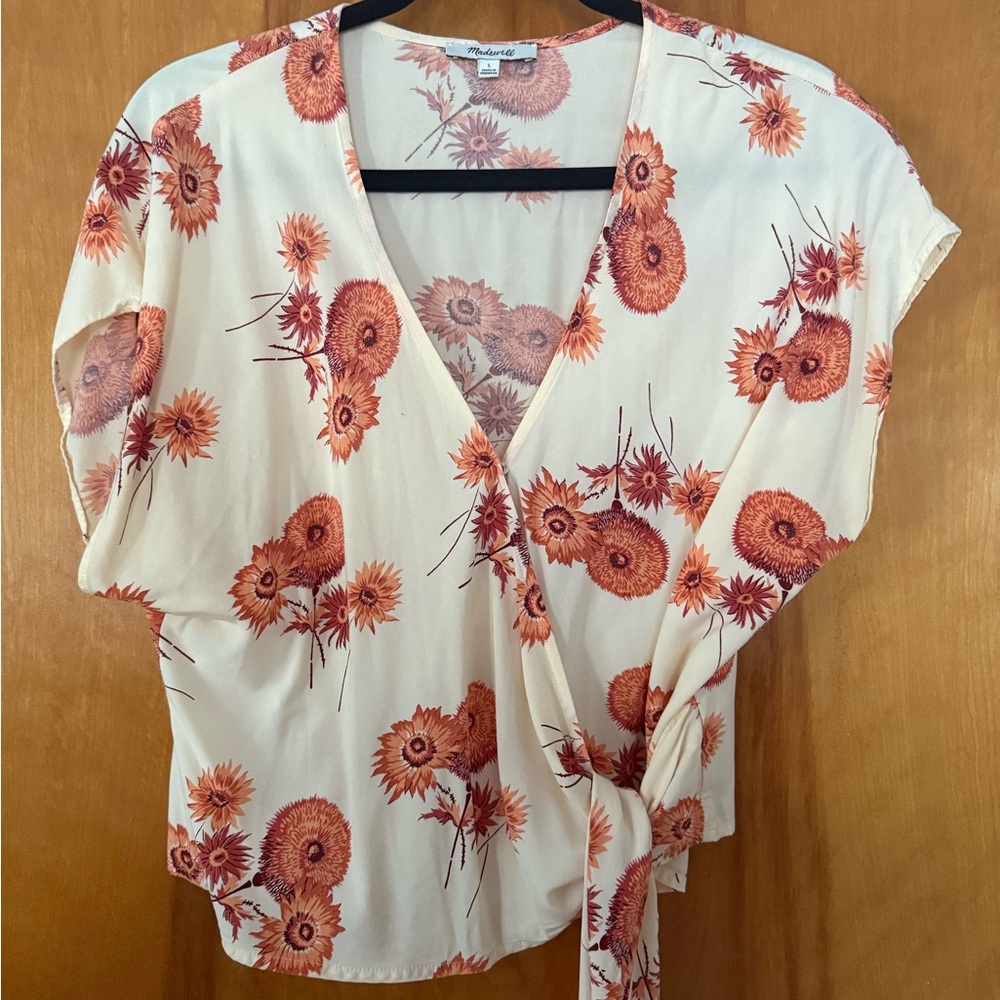 Madewell Cream and Orange Floral Wrap Blouse